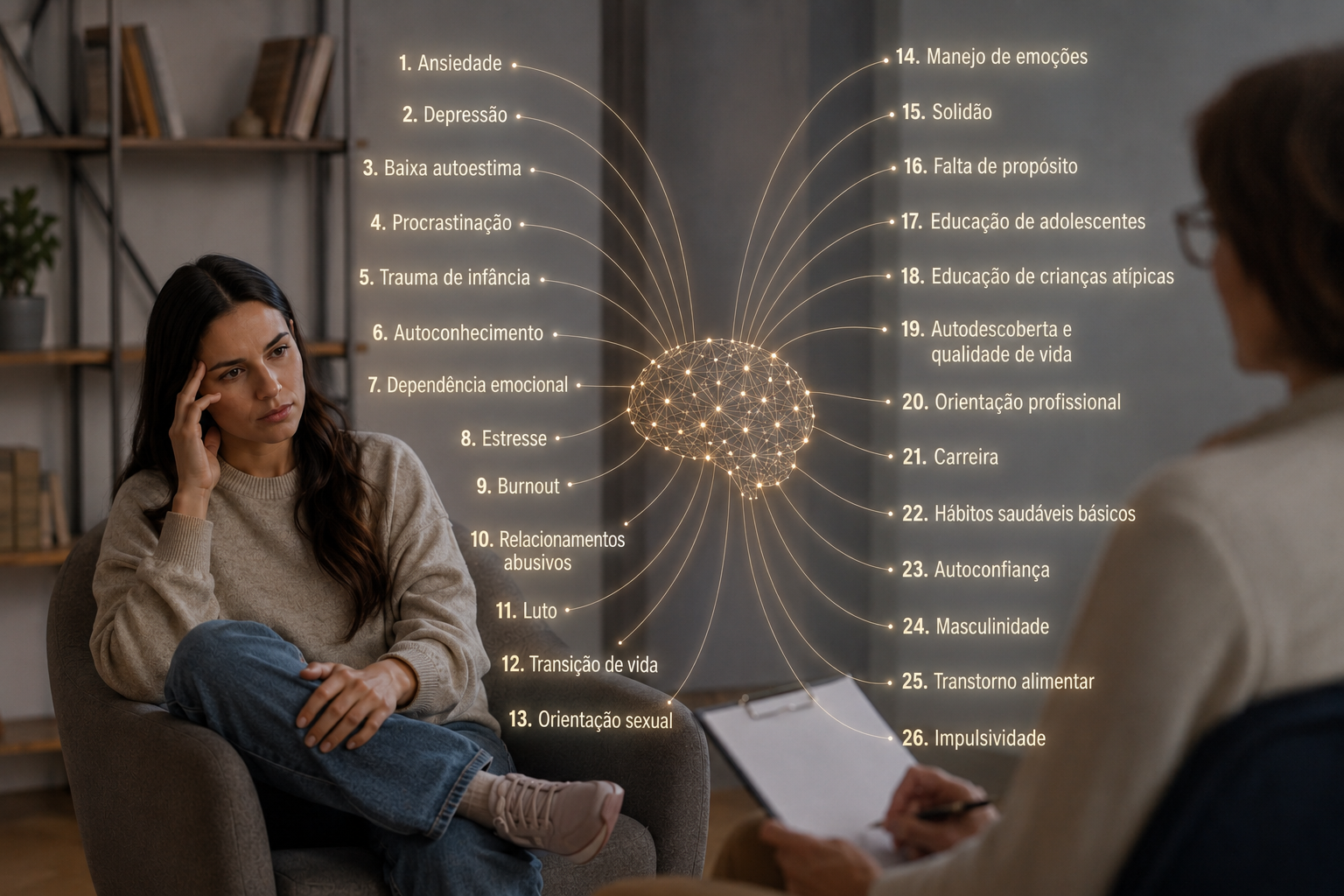 Lista de 26 temas de saúde mental disponíveis nos bancos de tarefas e vídeos
