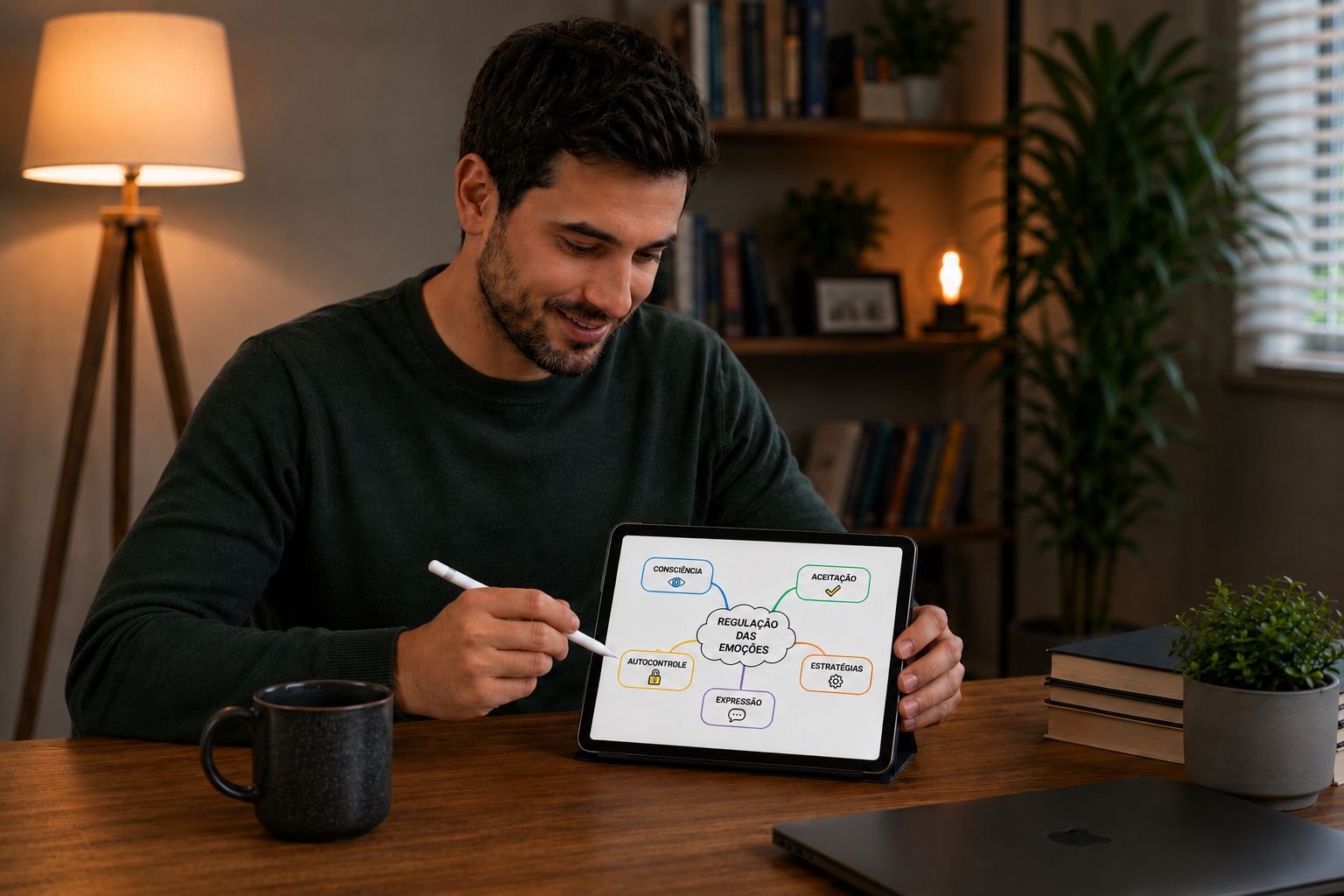 Profissional usando tablet para organizar tarefas terapêuticas